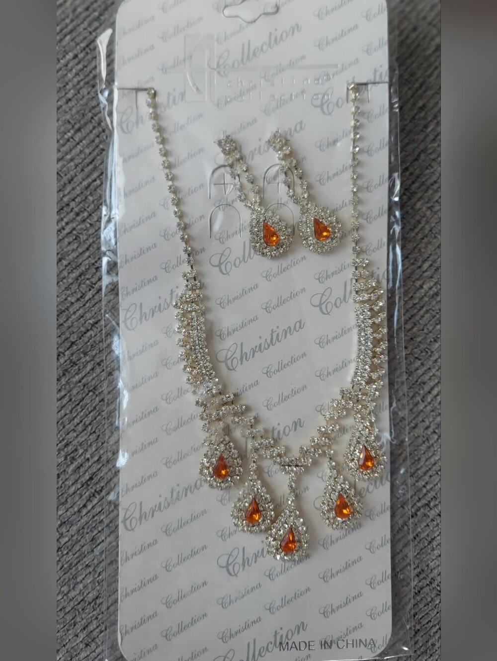 Christina Crystal Necklace and Earrings Set with Orange Teardrop Stones